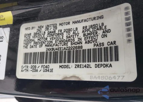 2010 Toyota Corolla Le из США, поврежденный, VIN 1NXBU4EE1AZ222688